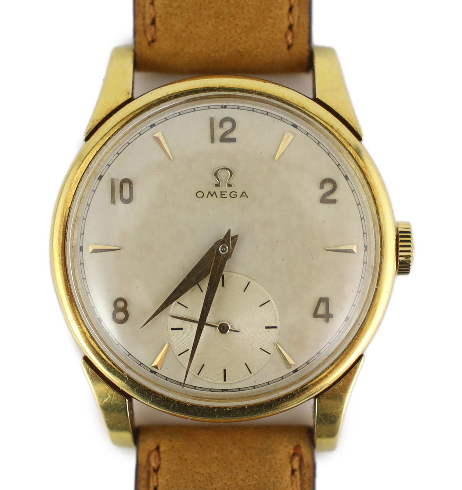 A gentleman's late 1940's 18ct gold Omega manual wind wrist watch